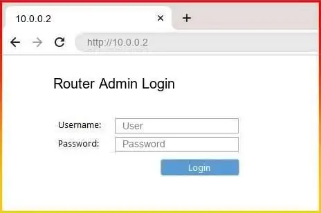 - Router admin login page for accessing 10.0.0.2 settings.